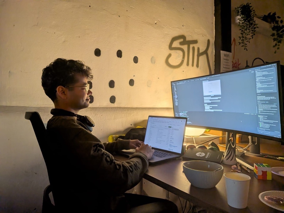 Working at a desk during a build session